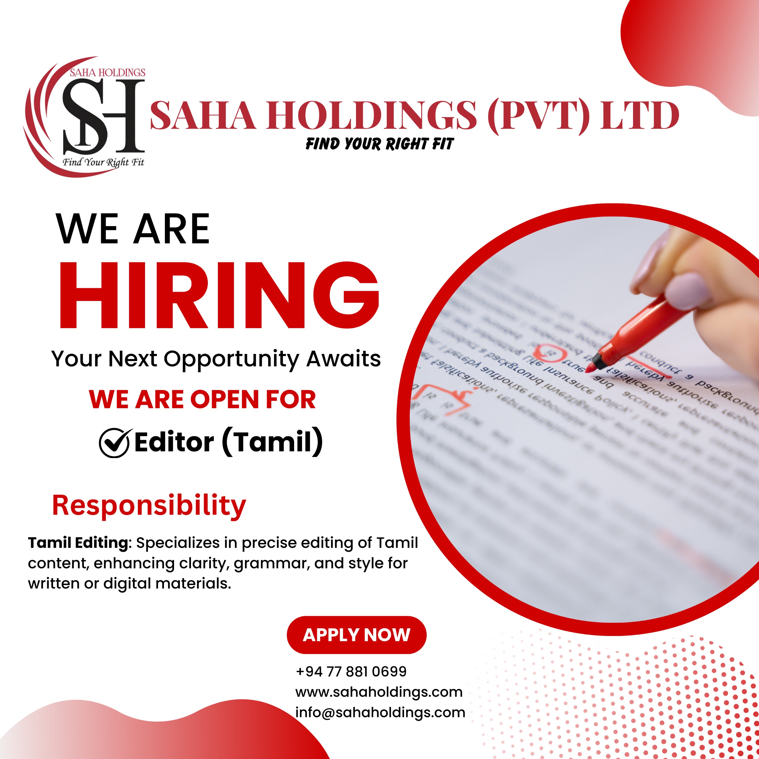 💥 SAHA HOLDINGS (PVT) LTD 💥 NOW HIRING!